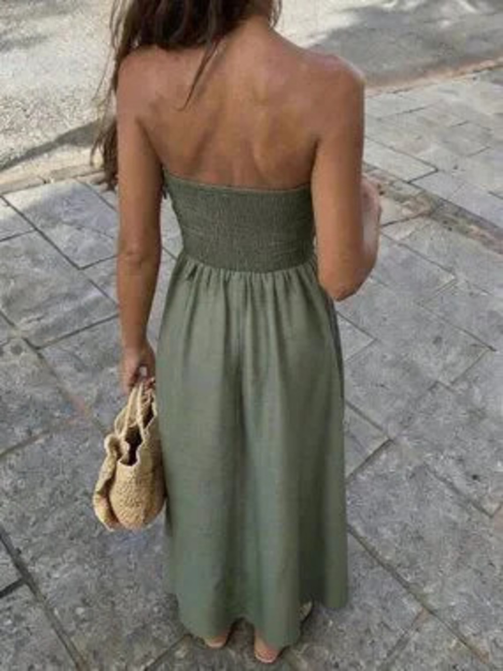 Green Casual Women's Bohemian Elegant Strapless Ruffle Hem Dress